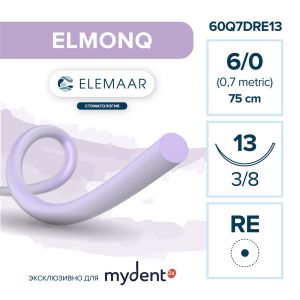 Шовный материал ELMONQ 6/0 (12 шт, 75 см, 3/8, 13 мм, колющая игла с квадратным телом)
