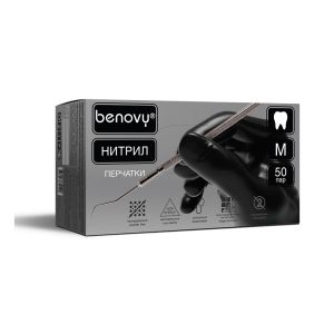 Перчатки BENOVY нитриловые, цвет: чёрный, 50 пар, р-р XS