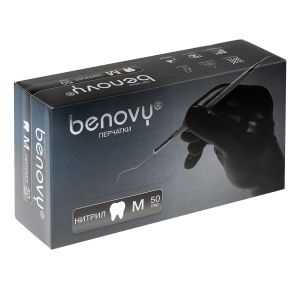 Перчатки BENOVY нитриловые, цвет: черный, 50 пар, р-р S