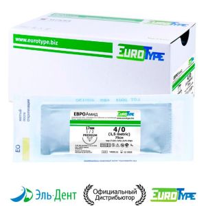 ЕвроАмид 4/0, 75см, 19мм, колющая 3/8, 12шт.-синтетический нерассасывающийся шовный материал на основе полиамида 6/6 (нейлон) БЕЛАЯ НИТЬ