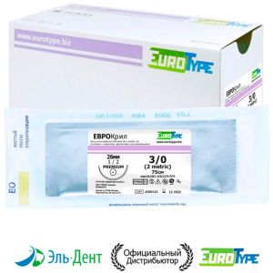 ЕвроКрил 3/0, 75см, 26мм, кол.1/2, 12шт.- синтетический рассасывающийся шовный материал