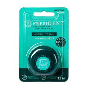 PRESIDENT Antibacterial Мощная защита межзубный флосс с хлоргексидином 12 м